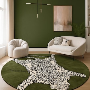 Olive Green Round Rug with Leopard Print Design | Modern Artistic Carpet for Living Room | Cozy Contemporary Home Décor