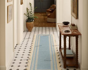 Blue Scalloped Runner Rug, Handmade Wool Hallway Rug, Wavy Border Carpet Decor