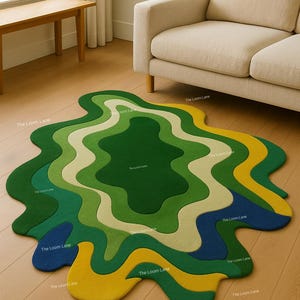 Handmade Green Wool Area Rug: Modern Abstract Wavy Design