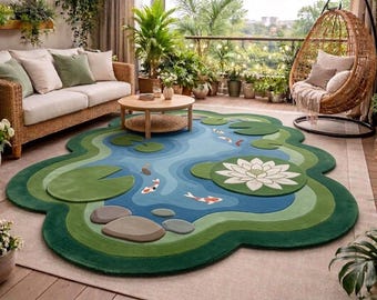 Pond Shaped Wool Rug | Koi Fish, Lotus, Lily Pads, Boho Nature Decor