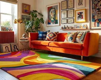 Bunter abstrakter Wellen-Teppich - Retro-Regenbogen-moderner Wohnzimmerteppich mit Lebendigem