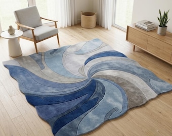 Blue Wave Abstract retro Area Rug for Elegant Cozy Modern Living Room Decor