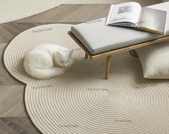 Handmade White Wool Circular Rug - Minimalist Living Room Accent