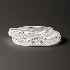 Adjustable Sterling Silver Couple Rings, Ocean Wave Engraved Promise Ring Set, Matching His and Hers Jewelry, Unique Anniversary Gift