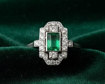 Art Deco smaragd verlovingsring stokbrood gesneden groene smaragd ring in 14K witgoud vintage geïnspireerde geometrische halo ring verjaardagscadeau voor