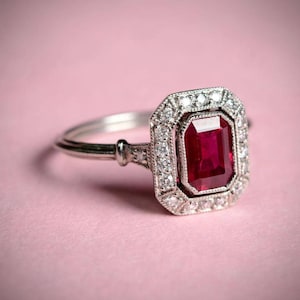 Art Deco Ruby Engagement Ring Vintage Emerald Cut Red Gemstone Ring 14K White Gold Halo Promise Ring Anniversary Gift for Her Bridal Jewelry