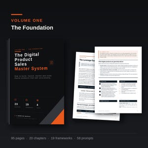 Può includere: Un libro nero intitolato The Digital Product Sales Master System con accenti arancioni, contenente 20 capitoli, 19 framework e 4 parti. Accanto ci sono due pagine aperte che mostrano testo, un piano d'azione, una lista di controllo ed errori.