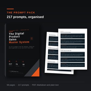 Puede incluir: Una guía de productos digitales titulada The Digital Product Sales Master System, que contiene 217 prompts en 73 capítulos y 10 partes. La portada negra incluye texto e iconos naranjas, junto a páginas blancas con contenido de texto estructurado.
