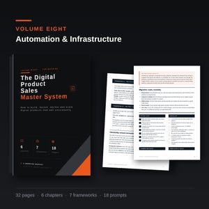 May include: A black manual titled The Digital Product Sales Master System, Volume Eight: Automation & Infrastructure. The cover features orange text, icons for 6 chapters, 7 frameworks, and 18 prompts. Two internal pages show text, checklists, and action plans.