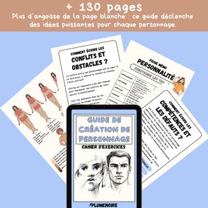 Op de afbeelding: Een digitale tablet met de cover van een Guide de Création de Personnage Cahier d'Exercices met een schets van twee gezichten, omringd door verschillende geprinte pagina's met tekst en illustraties voor karakterontwikkeling en schrijven.