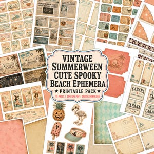 Utskrivbart Summerween Ephemera-kit, 15-sidiga pastellfärgade Halloween-skräpjournalsidor, kusliga tropiska strandklipp, present till hantverkare