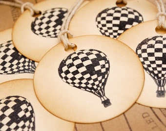 Checkered Vintage Hot Air Balloon Hand Stamped Tags Set of 6