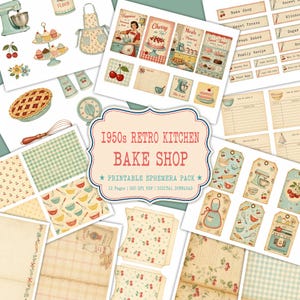 May include: A 1950s retro kitchen bake shop printable ephemera pack featuring 12 pages of digital paper, tags, and cards with illustrations of stand mixers, aprons, cherries, pies, whisks, and recipe cards in a vintage color palette.