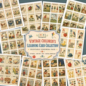 Könnte beinhalten: Eine Sammlung von Lernkarten für Kinder im Vintage-Stil mit Illustrationen von Tieren, Natur und täglichen Aktivitäten. Das zentrale Etikett lautet: VINTAGE CHILDREN'S LEARNING CARD COLLECTION, 10 PAGES, 300 DPI, PDF, DIGITAL DOWNLOAD.