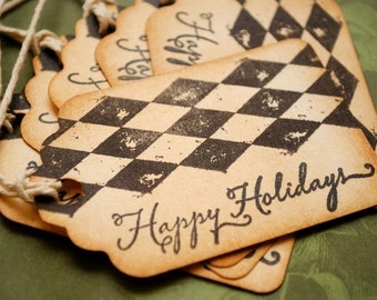 Happy Holidays Argyle Pattern Vintage Style Holiday Tags  Set of 6