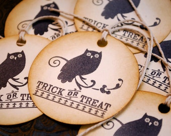 Trick or Treat Halloween Owl Vintage Style Tags Set of 6