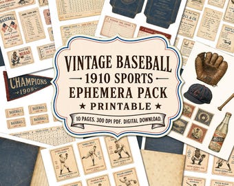 Kit d'éphémères de baseball vintage à imprimer, 10 pages de journal intime sportif antique, billets et cartes à collectionner rétro américains à découper (PDF)