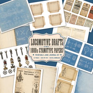 以下が含まれることがあります： Locomotive Drafts 1880s Cyanotype Papersと題された印刷可能なデジタルペーパーコレクション。蒸気機関車の青い技術設計図、ヴィンテージ風の荷札、帳簿ページ、機械工具やバルブのイラストが含まれています。