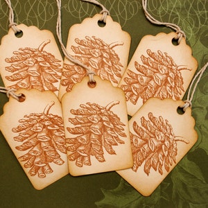 Pine Cone Sepia Toned Vintage Inspired Winter Holiday Tags Set of 6 image 2