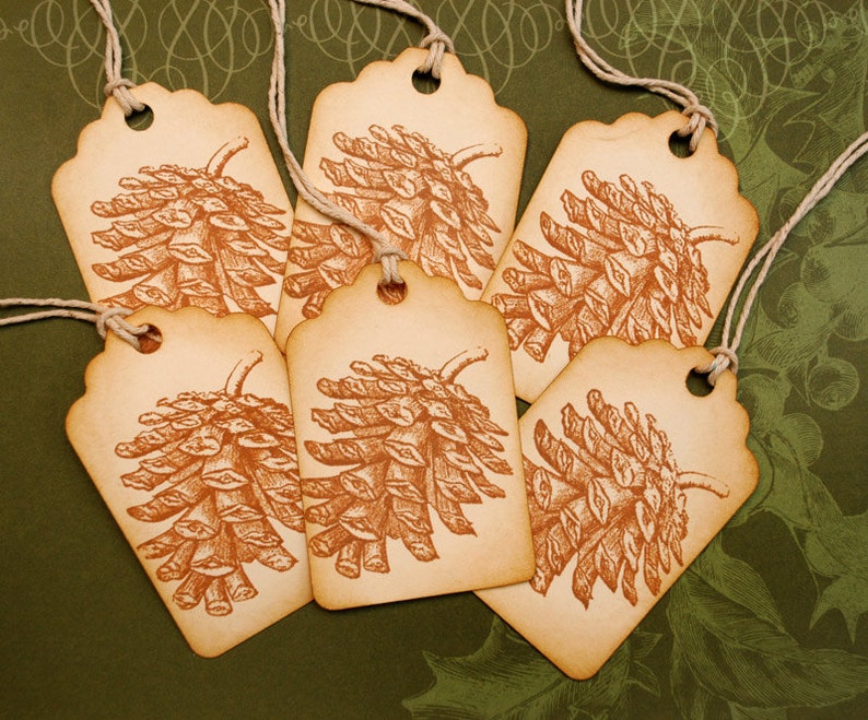 Pine Cone Sepia Toned Vintage Inspired Winter Holiday Tags Set of 6 image 2