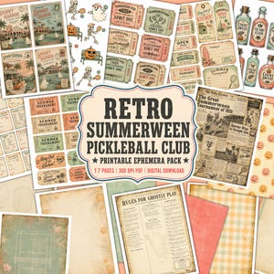 Printable Summerween Pickleball Ephemera Kit, 17 Page Vintage Pastel Halloween Junk Journal Pages, Spooky Retro Sports Club Fussy Cuts