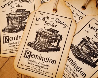 Remington Typewriter Vintage Style Stamped Tags Set of 6