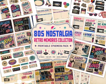 May include: A digital collection of printable ephemera featuring 80s nostalgia themes. The set includes various graphics such as cassette tapes, arcade machines, roller skates, VHS tapes, and retro text labels like 80s Nostalgia Retro Memories Collection.