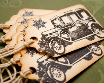 Vintage Style Winter Holiday Tags Old Fashion Car Set of 6