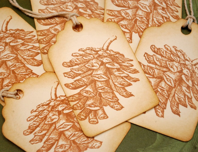 Pine Cone Sepia Toned Vintage Inspired Winter Holiday Tags Set of 6 image 1