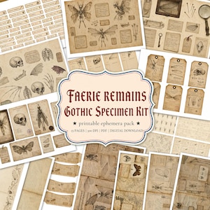 May include: A digital printable ephemera pack titled Faerie Remains Gothic Specimen Kit featuring vintage-style paper sheets with illustrations of skulls, insect wings, skeletal remains, handwritten notes, tags, and labels in sepia tones.