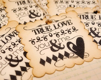 Scalloped Edge Square Vintage Tags  True Love You and Me Set of 6