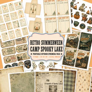 May include: A collection of printable ephemera featuring retro Camp Spooky Lake designs, including tags, postcards, stationery, and stickers with illustrations of ghosts, skeletons, raccoons, campfires, and forest scenery on aged paper textures.
