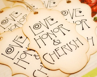 Vintage  Set of 6 Tags Love Honor & Cherish Wedding Valentine