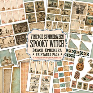 Utskrivbart sommar-ephemera-kit, 15-sidiga pastellfärgade Halloween-skräpjournalsidor, häx- och tropiska strandklipp, present till hantverkare
