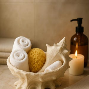 Könnte beinhalten: Ein muschelförmiger Keramikbehälter enthält gerollte weiße Waschlappen und einen gelben Schwamm. Eine brennende Kerze und eine dunkelbraune Flasche mit Pumpe befinden sich im Hintergrund, was auf eine Spa- oder Badezimmerumgebung hindeutet.