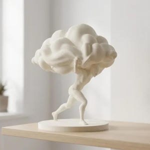 May include: A matte white sculpture depicting a figure in a dynamic, forward-leaning pose, carrying a large, voluminous, cloud-like mass overhead. The entire piece is monochromatic, featuring a smooth finish and a circular base for stability.