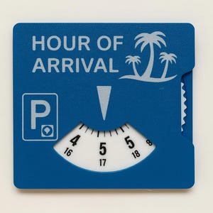 Può includere: Disco orario blu con testo e grafica bianchi. Il testo recita "HOUR OF ARRIVAL" sopra un quadrante curvo che indica l'ora. Una grafica di palma è sul lato destro e un simbolo di parcheggio a sinistra.