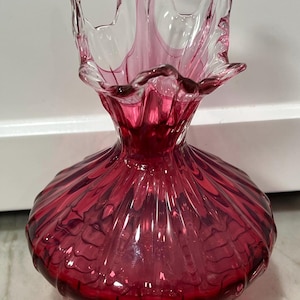 Vintage Cranberry Art Glass Vase: Ruffled Rim, Murano Style