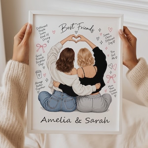 May include: A framed print featuring an illustration of two friends with their arms forming a heart shape above their heads. The text reads Best Friends, Amelia & Sarah, and various phrases like Different People Same Kind Of Crazy.
