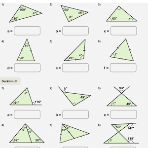 May include: A worksheet from Total Tutors with geometry problems. The problems involve calculating angles in triangles. The image includes diagrams of triangles with labeled angles and blank spaces for answers.