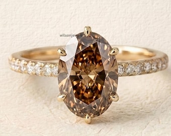 Ovaal geslepen champagnebruine moissaniet verlovingsring 14K geelgouden bandring effenen bruidsring antieke sieraden cadeau voor vrouwen