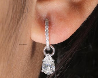 Pendientes de aro colgantes clásicos de moissanita con corte de pera, modernos pendientes de compromiso con forma de lágrima de plata de ley, brillantes pendientes de novia.