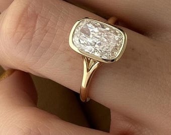 Bezel Set Cushion Cut Moissanite Ring Yellow Gold Solitaire Engagement Ring Modern Minimal Bridal Jewelry Gift for Women Proposal Ring