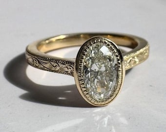 Vintage Oval Cut Moissanite Engagement Ring Solid Gold Bezel Set Antique Style Ring Engraved Band Bridal Ring Art Deco Ring Heirloom Ring