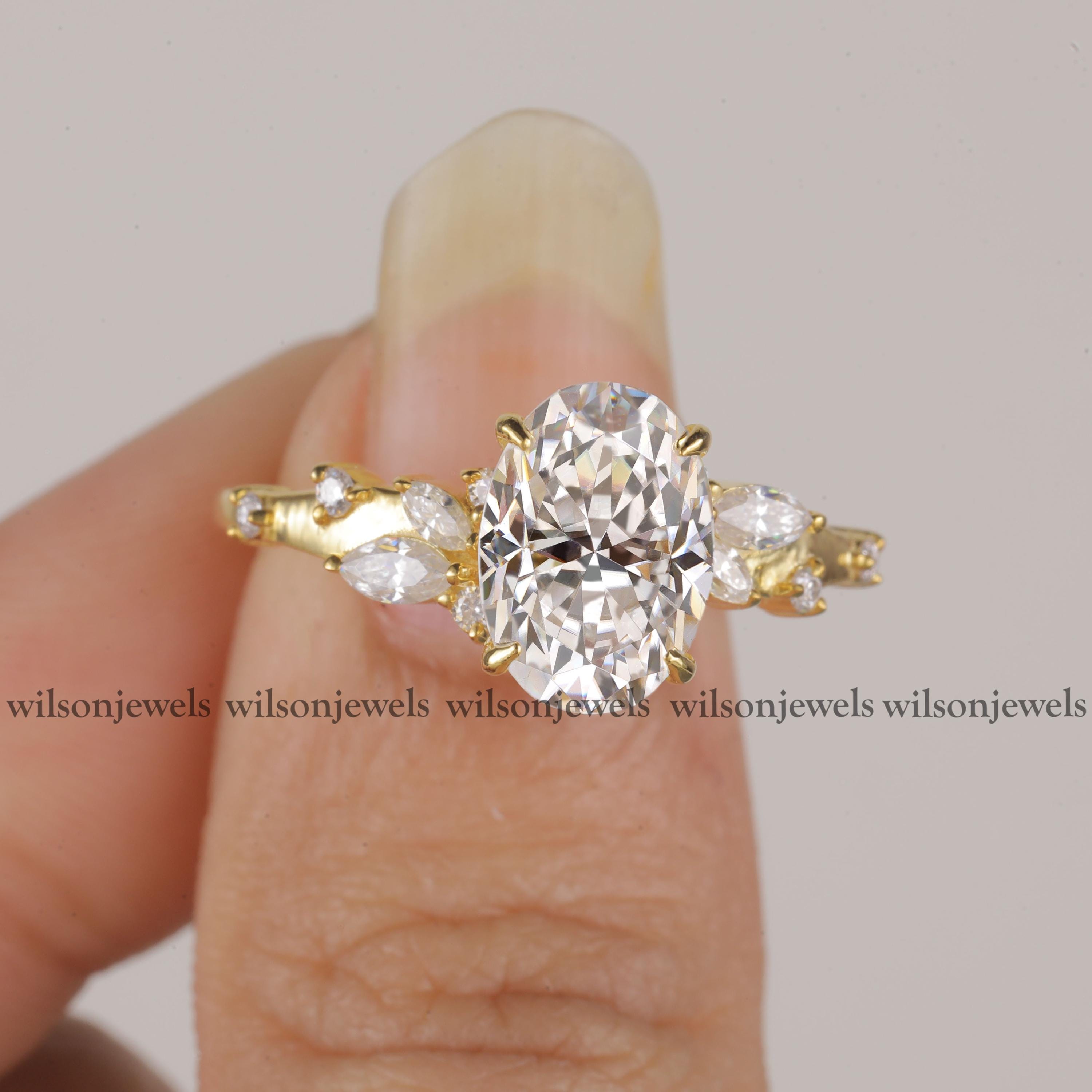 Oval Cut Moissanite Engagement Ring Yellow Gold Floral Cluster Ring ...