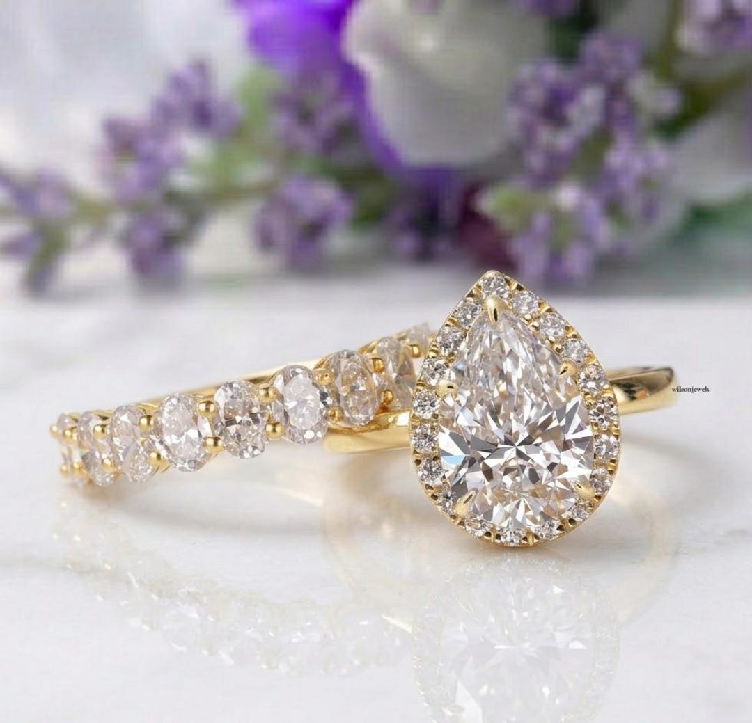 Pear Cut Moissanite Engagement Ring Set in Yellow Gold With Oval ...