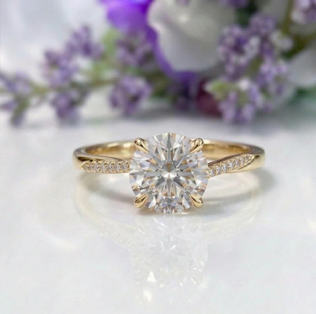 Round Cut Diamond Engagement Ring Yellow Gold Ring With Pave Band ...
