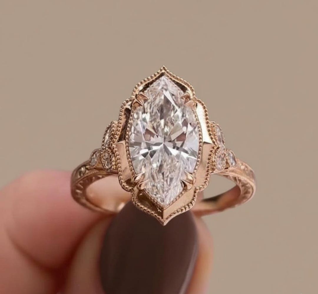 Victorian Marquise Cut Moissanite Engagement Ring Rose Gold Art Deco ...