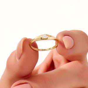 14K Marquise Signet Ring, Solid Gold Bezel Moissanite Ring Womens Tiny Dome Ring Minimalist Pinky Ring Small East West Ring Her Jewelry Gift