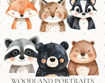 Op de afbeelding: Waterverfillustraties van zes bosdieren: een vos, een lynx, een stinkdier, een wasbeer, een beer en een bever. De tekst "WOODLAND PORTRAITS" staat onderaan, in een schattige cartoonstijl.
